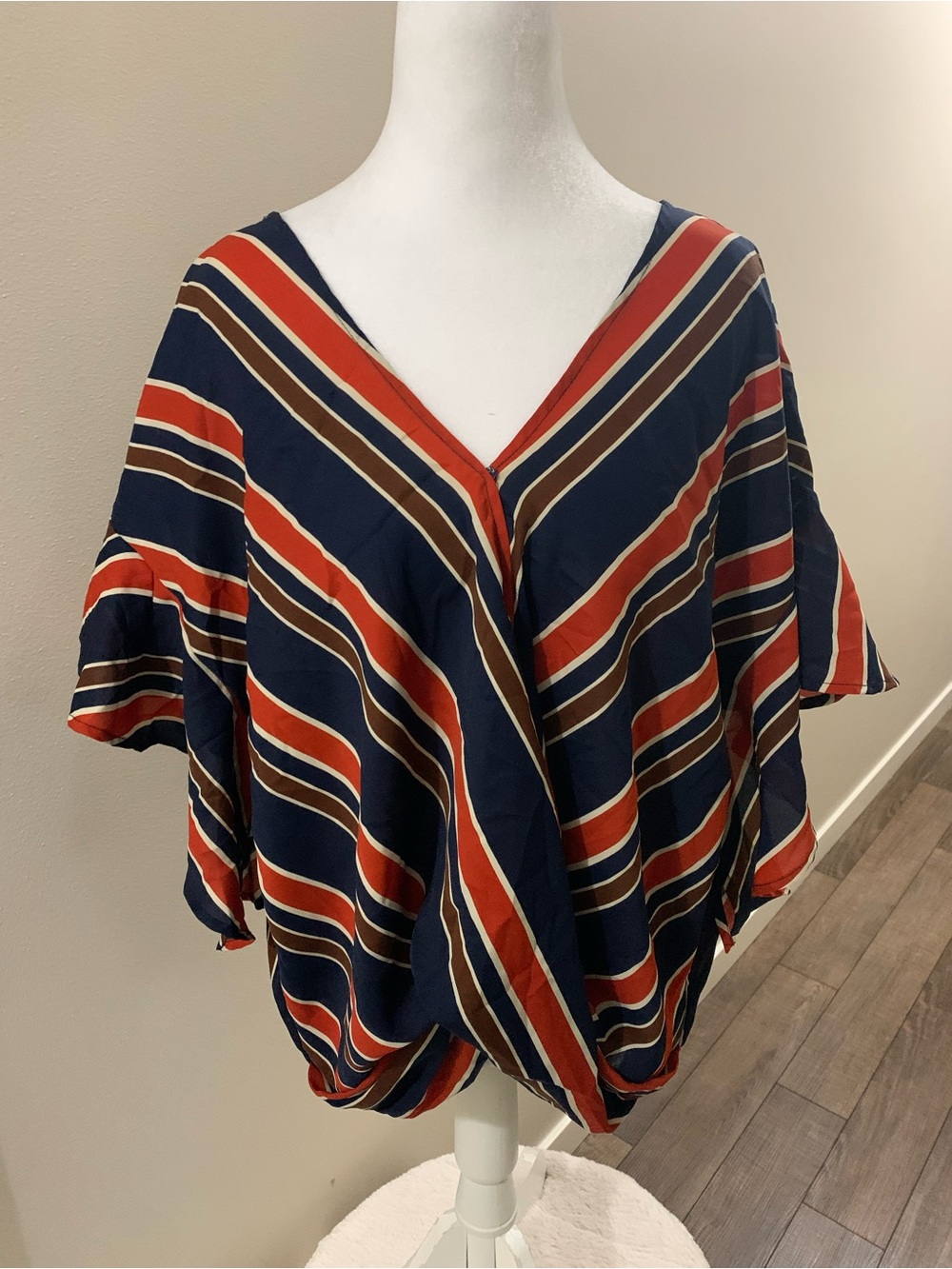 Umgee Navy Striped V-Neck Blouse with Rust and Brown Accents